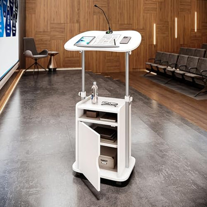 Techni Mobili Adjustable Laptop Cart w/Storage, Rolling Mobile Desk, White | Adjustable laptop cart with storage cabinet, shelf, locking wheels, sit‑stand height for home office, bedside, classroom - color: White