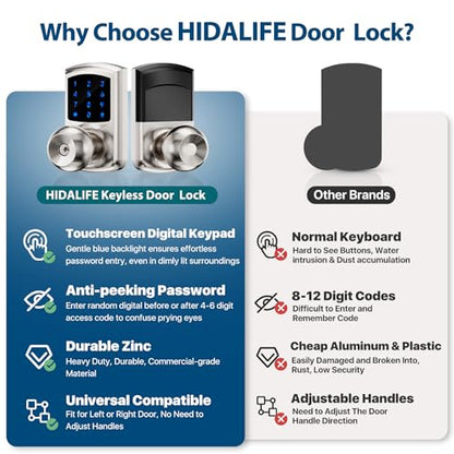 HIDALIFE Keyless Entry Door Lock with Code, Keypad Door Lock with Handle, Touchscreen Door Knob with Keypad, Electronic Door Lock, Auto-Lock, Satin Nickel, HL-668K 1pack - size: HL-668K Satin Nickel 1pack