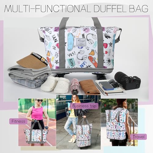 VOOWO Rolling Duffel Bag with Wheels - Foldable Expandable Duffle Bag with Wheels for Travel, Rolling Luggage Bag Carry On Bag with Wheel, Large Rolling Backpack Weekend Bag for Men Women (White) - color: White