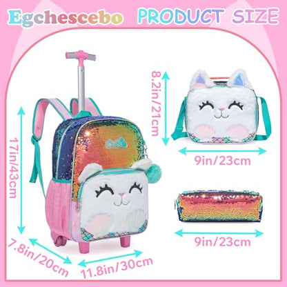 Kids Rolling Cats Backpack for Girls Plush Trolley Suitcases Luggage Travel with Wheels Bookbag Wheeled 17" Roller Backpacks Set Toddler Back Pack School Bags for Elementary Champagne - color: 5315-maomi-champagne