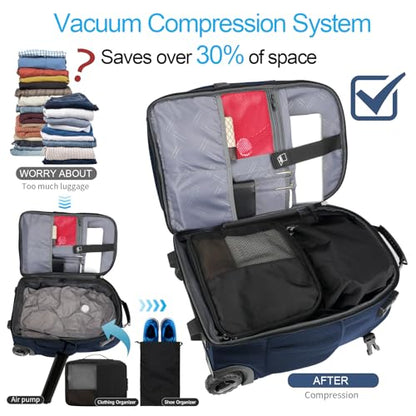 Backpack with wheels,rolling backpack with 2 Packing Cubes,compression bags for travel,Water-Resistant Carry-On Luggage,Business and Commuting (Blue) - color: Blue