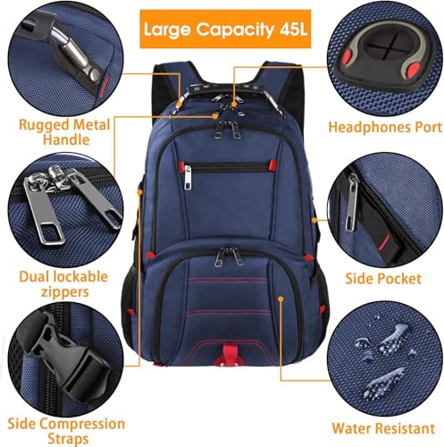 LTINVECK Travel Laptop Backpack,Extra Large Backpack for Men,Big 17 Inch Computer bag Tech Backpack - color: Full Blue