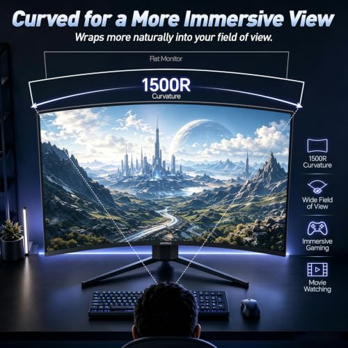 KOORUI 32 inch Curved Gaming Monitor, QHD 170Hz, 1ms 1500R Display | 2560×1440 Monitor, Adaptive Sync, 90% DCI-P3, HDMI×2 and DP, VESA, FPS & Console Gaming, Immersive Gaming, Home Entertainment - size: 32inch 170Hz/QHD/Curved