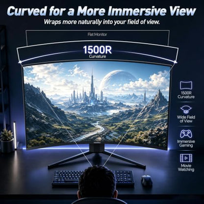 KOORUI 32 inch Curved Gaming Monitor, QHD 170Hz, 1ms 1500R Display | 2560×1440 Monitor, Adaptive Sync, 90% DCI-P3, HDMI×2 and DP, VESA, FPS & Console Gaming, Immersive Gaming, Home Entertainment - size: 32inch 170Hz/QHD/Curved