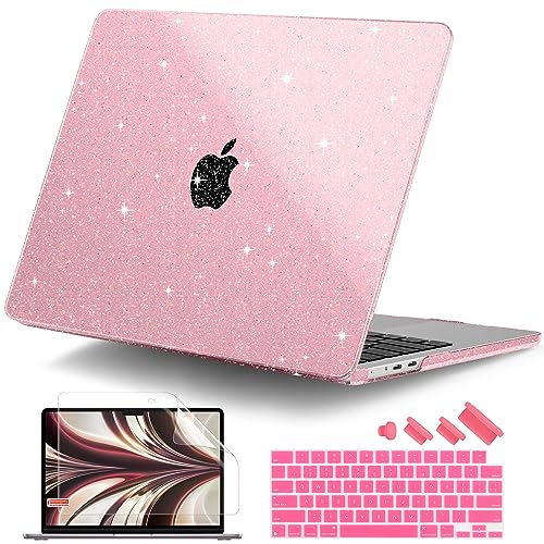 DONGKE Compatible with MacBook Air 13 inch Case M5 M4 M3 M2 2026 2025 2024-2022 A3449 A3240 A3113 A2681, Glitter Bling Plastic Hard Shell & Keyboard Cover for MacBook Air 13.6 inch, Sparkly Pink - color: Sparkly Pink