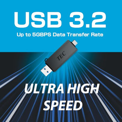 TEC Card Reader 2-in-1 USB C/USB 3.2 Micro SD and SD Memory Cards Reader Adapter with Dual USB Output. Compatible with iPhone 15 Pro Max, MacBook Pro, Chromebook, Galaxy - Ideal for Creatives
