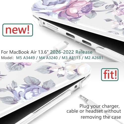 TWOLSKOO for MacBook Air 13 inch Case M5 2026 M4 2025 M3 M2 2024-2022 A3449 A3240 A3113 A2681, Plastic Hard Shell & Keyboard Cover & Screen Film for MacBook Air 13.6 inch Case, Purple Peony - color: Purple Peony