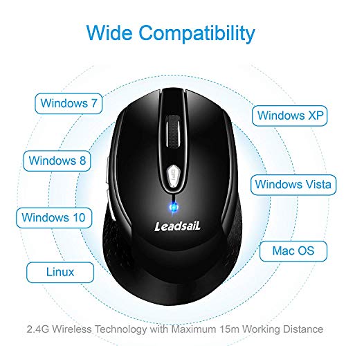 Leadsail Wireless Laptop Mouse, 2.4G Slim Portable, Less Noise, 6 Buttons, USB for Windows/Mac/Laptops - color: Black