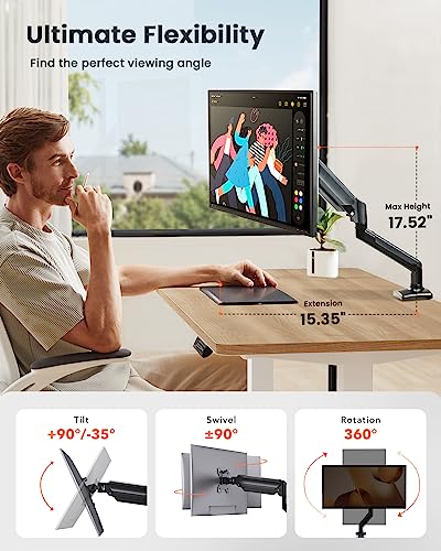 ErGear Single Monitor Arm for 13-36 Inch Screens, 22 lbs Capacity | Full-motion adjustment, C-clamp or grommet mounting, cable clips, 22 lbs support, ultrawide setup, VESA 75x75/100x100mm - size: 13"-36", style: Single Arm