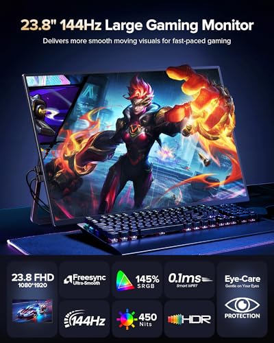 Newsoul 23.8'' Portable Monitor 144Hz Gaming Monitor, 145% sRGB | 2000:1 | FreeSync Built-in Adjustable Stand, Speaker and VESA, USB-C HDMI Large Second Screen for Laptop, Mac-Book, PC, Game Console - size: 23.8-inch
