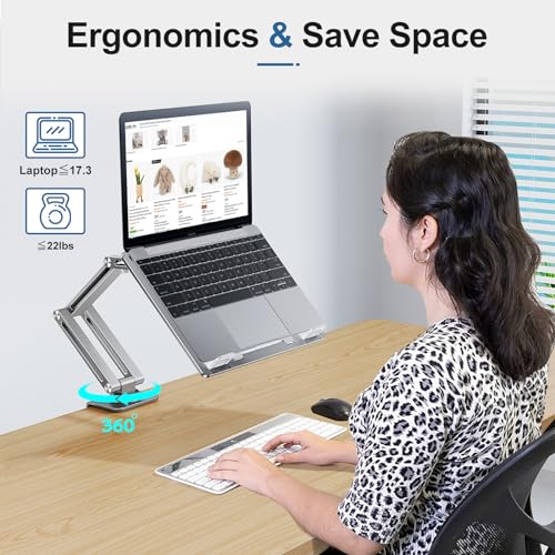 Laptop Stand Desk Mount, Aluminum Adjustable Laptop Arm with Tray | 360° Rotatable Ergonomic Computer Holder for 11-15 Inch Laptops & Tablets, Relieve Neck Strain for Sitting & Standing Work - color: Silver