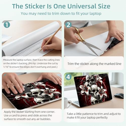 Universal Laptop Skin Decal, 3-Piece Vinyl Protector for 12 13 14 15.6" Notebook, Waterproof Anti-Scratch, Easy Trim & Bubble-Free Finish, Skulls with White Lilies Red Lightning - color: Skulls with White Lilies Red Lightning