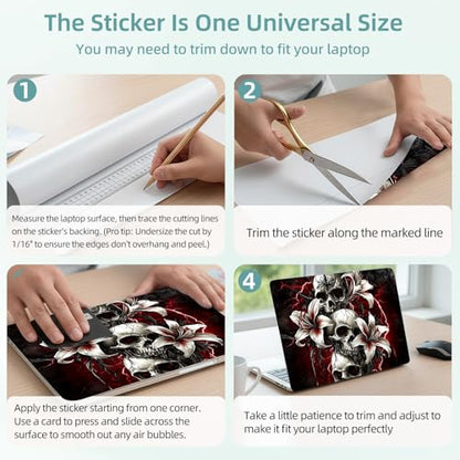 Universal Laptop Skin Decal, 3-Piece Vinyl Protector for 12 13 14 15.6" Notebook, Waterproof Anti-Scratch, Easy Trim & Bubble-Free Finish, Skulls with White Lilies Red Lightning - color: Skulls with White Lilies Red Lightning
