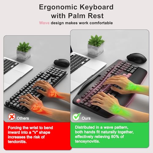 Wireless Keyboard and Mouse Combo, 2.4G Full Size Wave Keys Ergonomic Keyboard with Wrist Rest, Phone Holder, 3-Level DPI Wireless Silent Mouse with 6-Buttons, for Windows (Pink) - color: Pink