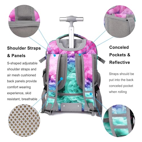 Tilami Rolling Backpack, 18 inch Shoulder Drop, Concealed Pockets and Wheel Cover, Laptop Backpack for Boys and Girls, Clouds Green - color: Clouds Green