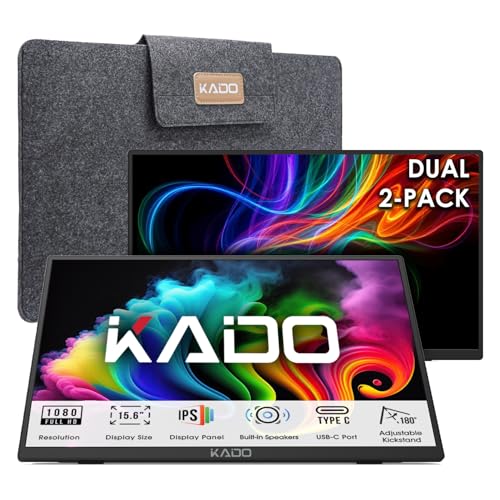 Kado 2-Pack 15.6-Inch 1080p IPS Monitor Extender for Laptop 1920x1080 USB-C | Dual Portable Monitor Setup, Mini HDMI 180° Kickstand Built-in Speakers, Stacked Desktop Setup Office Gaming Daytrading - style: 2-Pack Dual Set