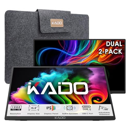 Kado 2-Pack 15.6-Inch 1080p IPS Monitor Extender for Laptop 1920x1080 USB-C | Dual Portable Monitor Setup, Mini HDMI 180° Kickstand Built-in Speakers, Stacked Desktop Setup Office Gaming Daytrading - style: 2-Pack Dual Set
