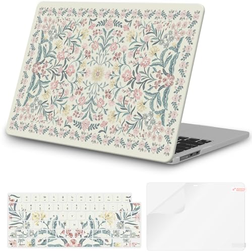 iCasso for M5 MacBook Air 13 inch Case 2026 2025-2022 M4 M3 M2 Model A3449 A3240 A3113 A2681,Vintage Flowers Hard Shell Mac bookair 13 case + Keyboard Cover + Screen Protector, Pink Boho - color: 1-Boho Floral Pink