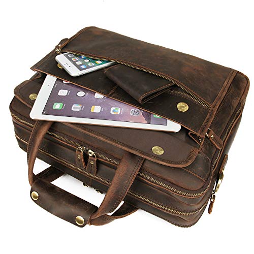 Leather Briefcase for Men, 15.6 Inch Laptop Business Travel Bag | 100% Full Grain Leather | YKK Zipper | Fits 15.6" Laptop | 8 Card Slots + 3 Pen Sleeves | Detachable Strap & Trolley Sleeve - color: Brown