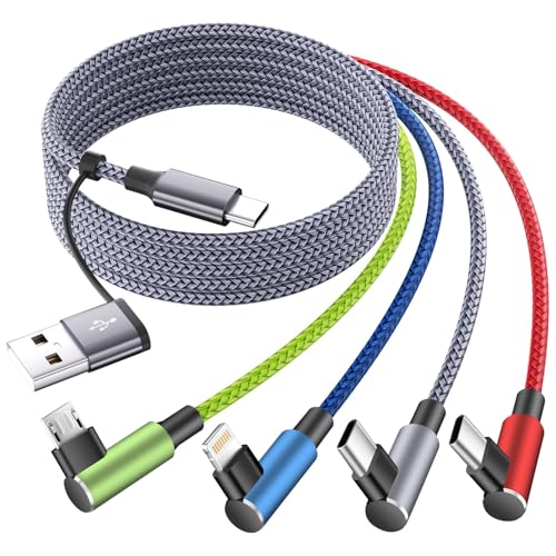 USB A/C to USB C Right Angle Cable, 90 Degree Type-C Braided Charging Cord 5FT, 4 in 2 USB Charging Cable,Universal Phone Charger Cord with Type-C,Micro USB,IP Port for iP 17/16 Android Phones Pad - color: Green_Blue_Grey_Red, size: 1Pack5FT