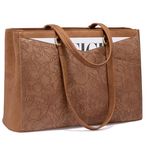 LOVEVOOK Laptop Bag for Women,15.6 Inch Laptop Tote Bag for Women,Vintage Leather Work Tote Bags Computer Business Teacher Bag,Waterproof Office Briefcase - color: Brown Embroidery-laptop Bag, size: 15.6 inch