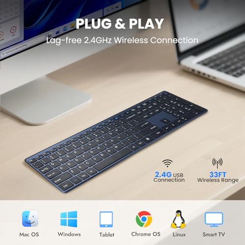 Wireless Keyboard-2.4G Ultra Slim Quiet Full Size USB PC Computer Keyboard,19 Multimedia Keys,Number Pad,Plug&Play,Lag-Free Ergo,Long Battery Life for Desktop,Laptop,Smart TV,MAC,Windows,QWERTY