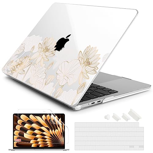 Batianda Case for MacBook Air 15" with M5 M4 M3 M2 Chip, Golden Lotus | 4-in-1 set with gold lotus line flowers design, lightweight slim hard shell protection for elegant, minimal and office user - color: Gold Lotus