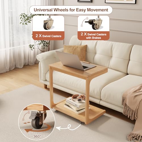 AQIMUELE Wooden C-Shaped End Table,Couch Table with Adjustable Desktop,Small Rolling Side Table with 2 Lockable Wheels 23.6" Width,Small End Table for Couch, Living Room,Bedroom (Natural) - color: Natural, size: 15.6"D x 23.6"W x 24.8"H, style: Modern 2 T