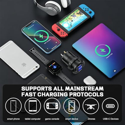 72W Dual USB Quick Charge 3.0 & PD USB C Car Charger Socket, 12V/24V USB Outlet with LED Voltmeter, Power Switch, 4X Faster Charging, Multi-Protection, Universal for Car, Boat, Truck & RV(Blue) - color: blue