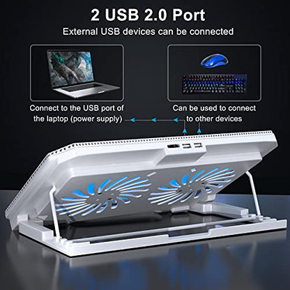 LIENS Laptop Cooling Pad with Adjustable Height Two 5.1 Inches Fan 2 USB Ports Suitable for 12"-15.6" Laptops（White） - color: white