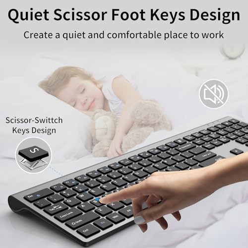 2.4G Slim Silent Wireless Full Size Keyboard Iron Grey | Ultra-thin scissor switch, num keypad & calculator key, quiet typing, 2.4G wireless for Windows, Mac, PC & laptop