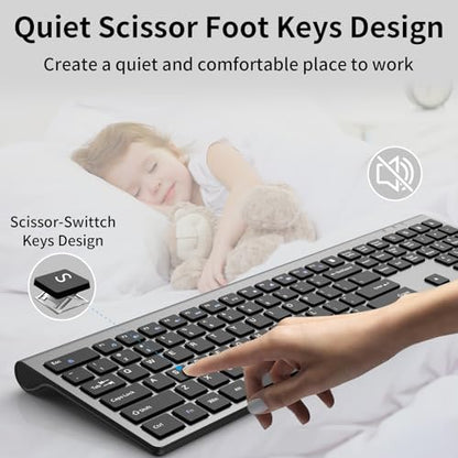 2.4G Slim Silent Wireless Full Size Keyboard Iron Grey | Ultra-thin scissor switch, num keypad & calculator key, quiet typing, 2.4G wireless for Windows, Mac, PC & laptop