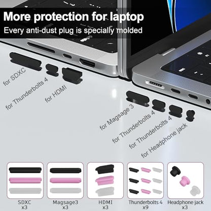 ProElife 21-Pcs Anti Dust Dirt Plug for MacBook Pro 14, Pink, Black, Clear | Protective Laptop Silicone Anti Dirt Protective Cover, Durable & Reusable, Custom Fit Design, Easy to Apply and Clean - color: Black/Clear/Pink