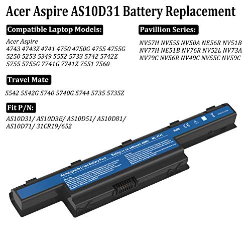 AS10D31 AS10D51 Notebook Battery Replacement Compatible with Acer Aspire 5253 5251 5336 5349 5551 5552 5560 5733 5733Z 5740 5735 5735Z, Gateway NV55C NV50A NV53A NV59C