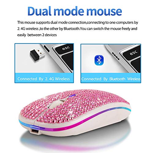 Bluetooth Mouse,Bling Dazzling 2.4GHz Rechargeable Wireless Mouse Slim Mouse with USB Receiver, Compatible with Notebook, PC, Laptop, Computer, MacBook,Great Present idea for Her (Pink) - color: Pink