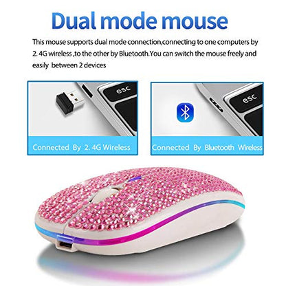 Bluetooth Mouse,Bling Dazzling 2.4GHz Rechargeable Wireless Mouse Slim Mouse with USB Receiver, Compatible with Notebook, PC, Laptop, Computer, MacBook,Great Present idea for Her (Pink) - color: Pink