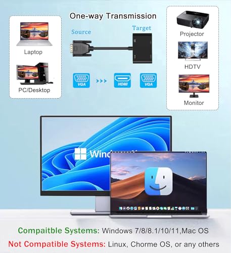 AKWOR VGA to HDMI+VGA Adapter for Dual Monitors, VGA to HDMI Adapter Splitter 2 in 1,1080P@60HZ Full HD Display Video Converter for PC Laptop Link Monitor/HDTV/Projector (for Windows & MaC os) - style: VGA to HDMI+VGA