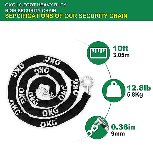 OKG Extra Long Security Chain - 10-Foot x 3/8" Thick Heavy Duty, Eco-Zinc Plated - Uncuttable for Outdoor & Indoor Use - Bike & Motorcycle Lock Chain - For Two+ 2-Wheeled Vehicles