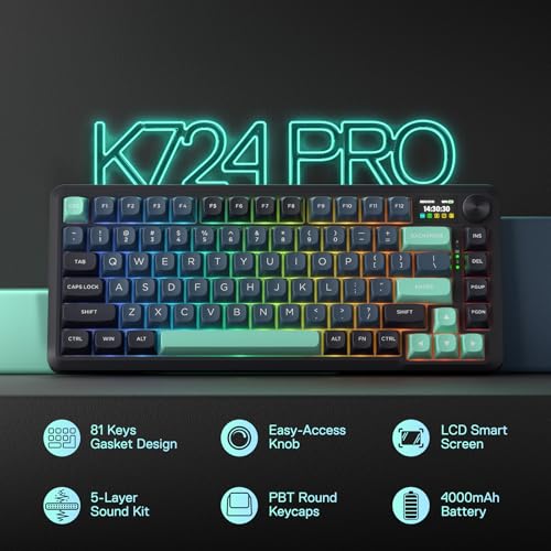 Redragon K724 PRO Wireless 81-Key Gasket Gaming Keyboard, TFT Screen & Knob | Easy-Control LED Info Display, 0-Delay Tri-Mode, Cushioned 5-Layer Noise Dampening for Creamy Thocky Sound, Compact 80% Size - color: Dark Jade, size: 81 Keys + LCD Screen