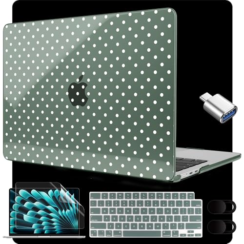 MEEgoodo for M5/M4/M3/M2 MacBook Air 15 inch Case 2026 2025 2024 2023, Case Fit Model (A3448/A3241/A3114/A2941) for MacBook Air 15.3 inch, White Polka Dots & Midnight Green - color: White Polka Dots & Midnight Green