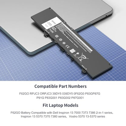 F62GO Battery Compatible with Dell Inspiron 13 5370 7000 7370 7373 7380 7386 2-in-1 P83G P87G P91G P83G001 P83G002 P87G001 Vostro 13 5370 Series 039DY5 0F62G0 RPJC3 0RPJC3 F62GO 11.4V 38Wh - style: F62GO