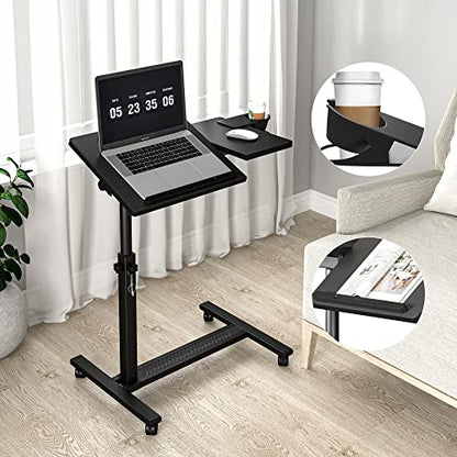 Panta Height Adjustable Rolling Laptop Stand, Overbed Table with 2 Tilting Desktops, Mobile Laptop Table for Couch with Cup Holder, Mobile Computer Workstation for Office, Home and Hospital | Dual tilting desktops, cup holder, mobile workstation, for couc
