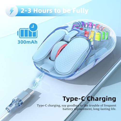Wireless Bluetooth Mouse, Transparent BT+2.4G Dual-Mode Gaming Mouse with Magnetic Top Cover, Rechargeable RGB Backlit Computer Mouse for Laptop, PC, MacBook, iPad (Blue) - color: Blue