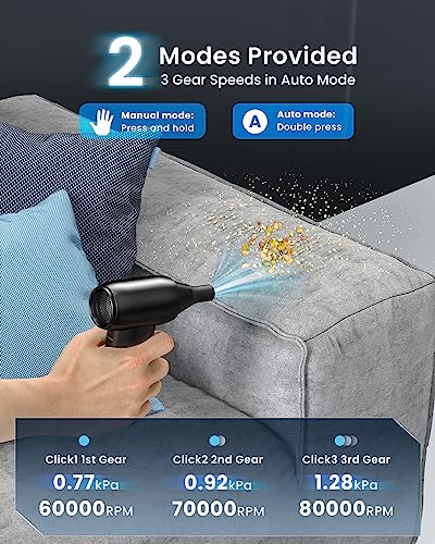 iDOO Compressed Air Duster, Cordless Electric Canned Duster, Portable Vacuum, 3 Gear Mini Portable Jet Dry Air Blower, for Gaming Pc, Keyboard, Car Cleaning, Outdoors-Dust Blowing & Vacuuming(Black)