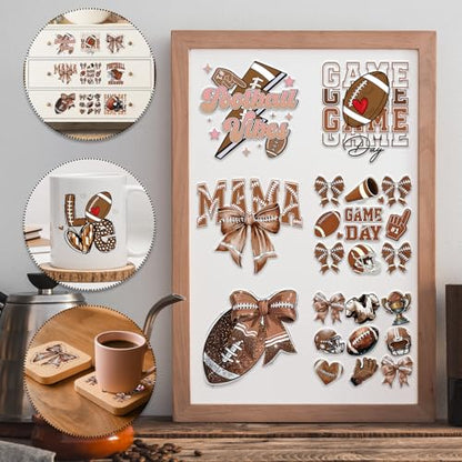 Rngmsi 20 Sheets Football Bow UV DTF Cup Wrap, Cold UV DTF Transfer Sticker | Sports Brown Mama Uvdtf Stickers, Waterproof, Rub on Transfer Decals, for DIY 16 oz Glass Cups Water Bottle Mug Crafts - style: Football Bow