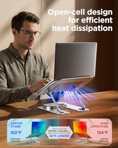 Adjustable Laptop Stand with Wireless Charger, 3-in-1 Charging Station for Phone and Watch, Ergonomic Aluminum Notebook Riser with LED Light, Qi2 Fast Charging (Silvery)
