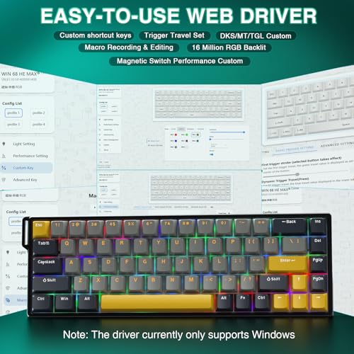 AULA WIN68 HE MAX - Hall Effect Gaming Keyboard with Magnetic Switch, Adjustable Actuation Fast Trigger Mode, 8KHz Polling Rate, RGB Backlit Wired Mechanical Gaming Keyboard 60 Percent - color: Grey&Yellow-Max Version