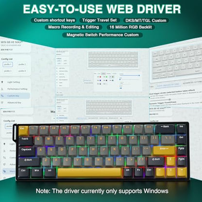 AULA WIN68 HE MAX - Hall Effect Gaming Keyboard with Magnetic Switch, Adjustable Actuation Fast Trigger Mode, 8KHz Polling Rate, RGB Backlit Wired Mechanical Gaming Keyboard 60 Percent - color: Grey&Yellow-Max Version