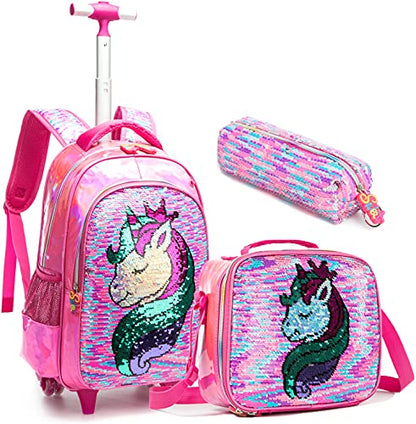 School Kids Rolling Backpack for Girls 3PCS With Trolley Wheeled Backpacks - color: Djs-mh