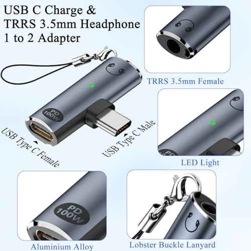 QIANRENON PD100W USB C Charging Headphone 2 in 1 Adapter USB Type C Male to Type C Female & TRRS 3.5mm Female Connector USB C Phone Fast Charge 3.5mm Headset Converter,with LED Light,Hanging Hole